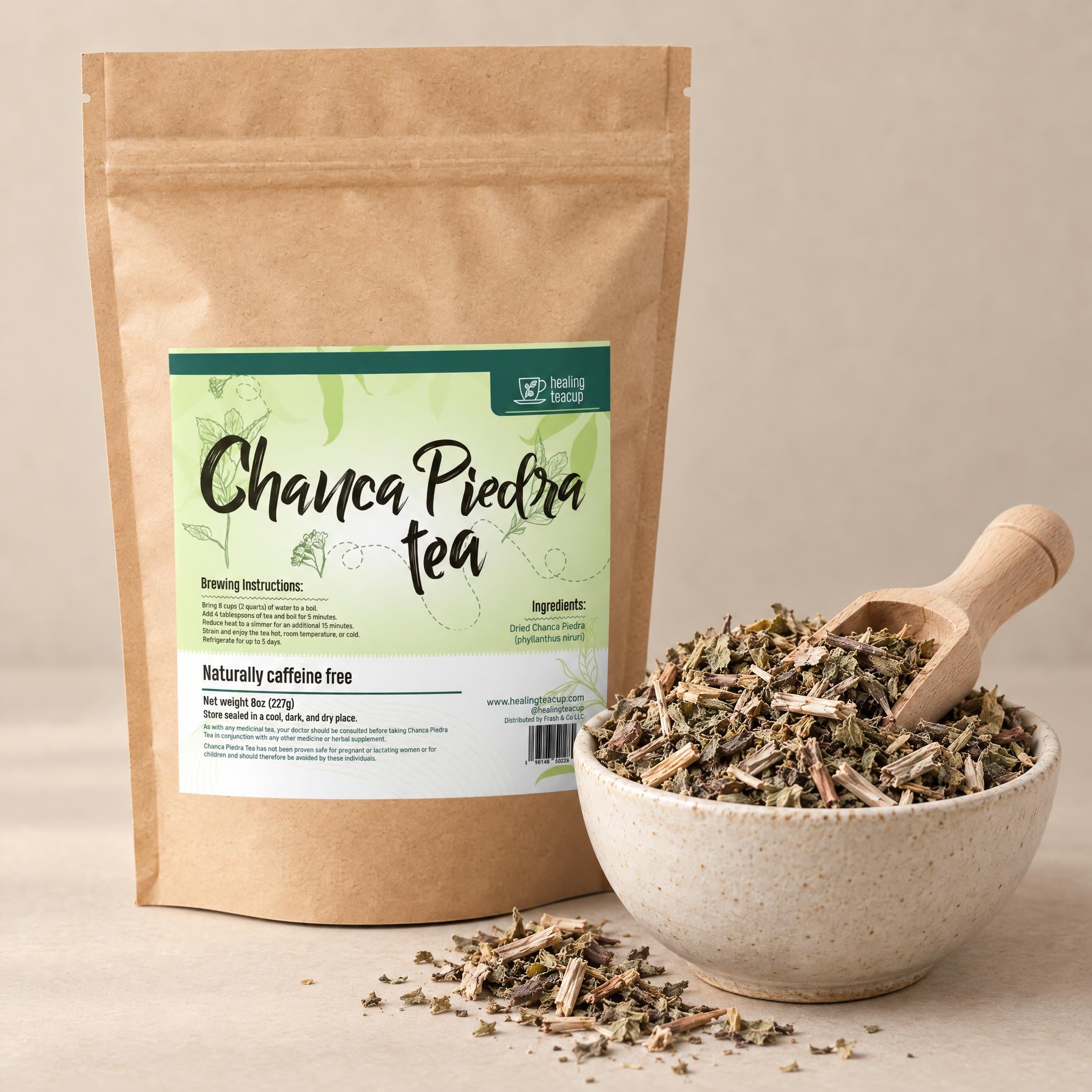 Chanca piedra loose tea pouch beside a stoneware bowl of dried chanca piedra herb.
