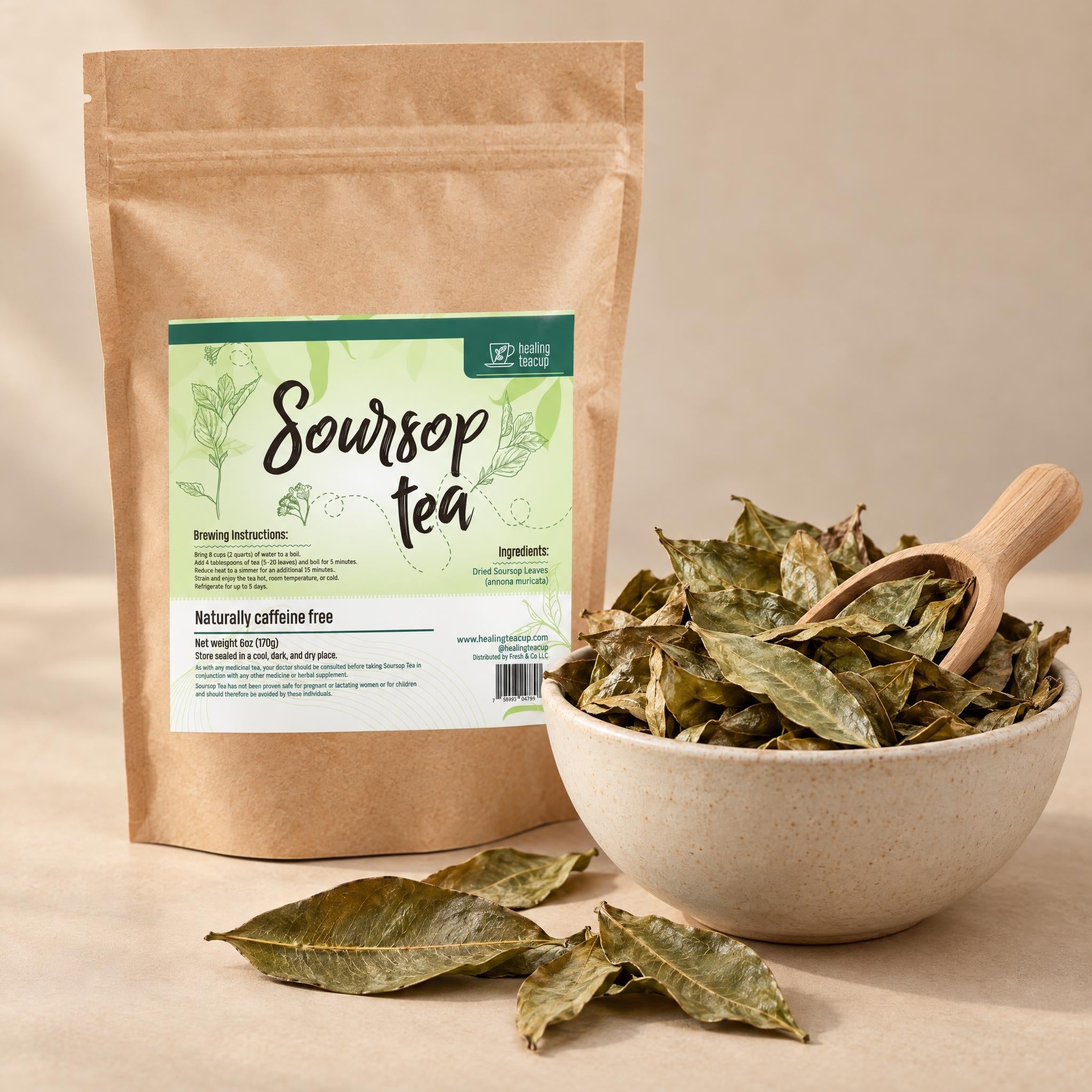 soursop loose tea pouch beside a stoneware bowl of dried soursop leaves