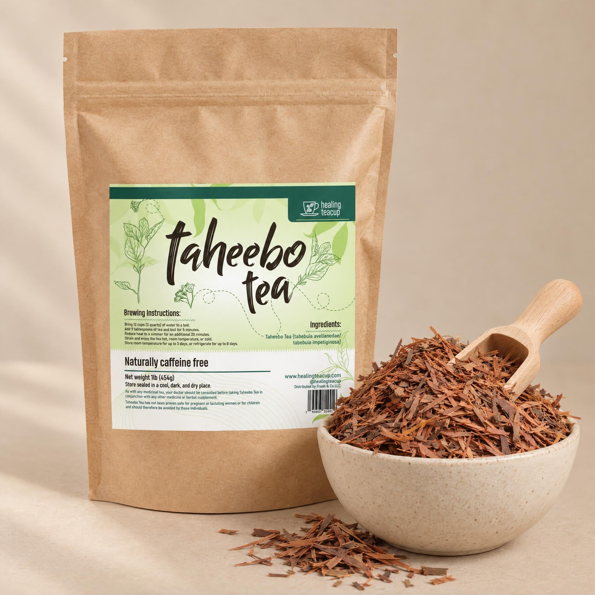 Taheebo tea loose tea pouch beside a stoneware bowl of dried pau d’arco bark