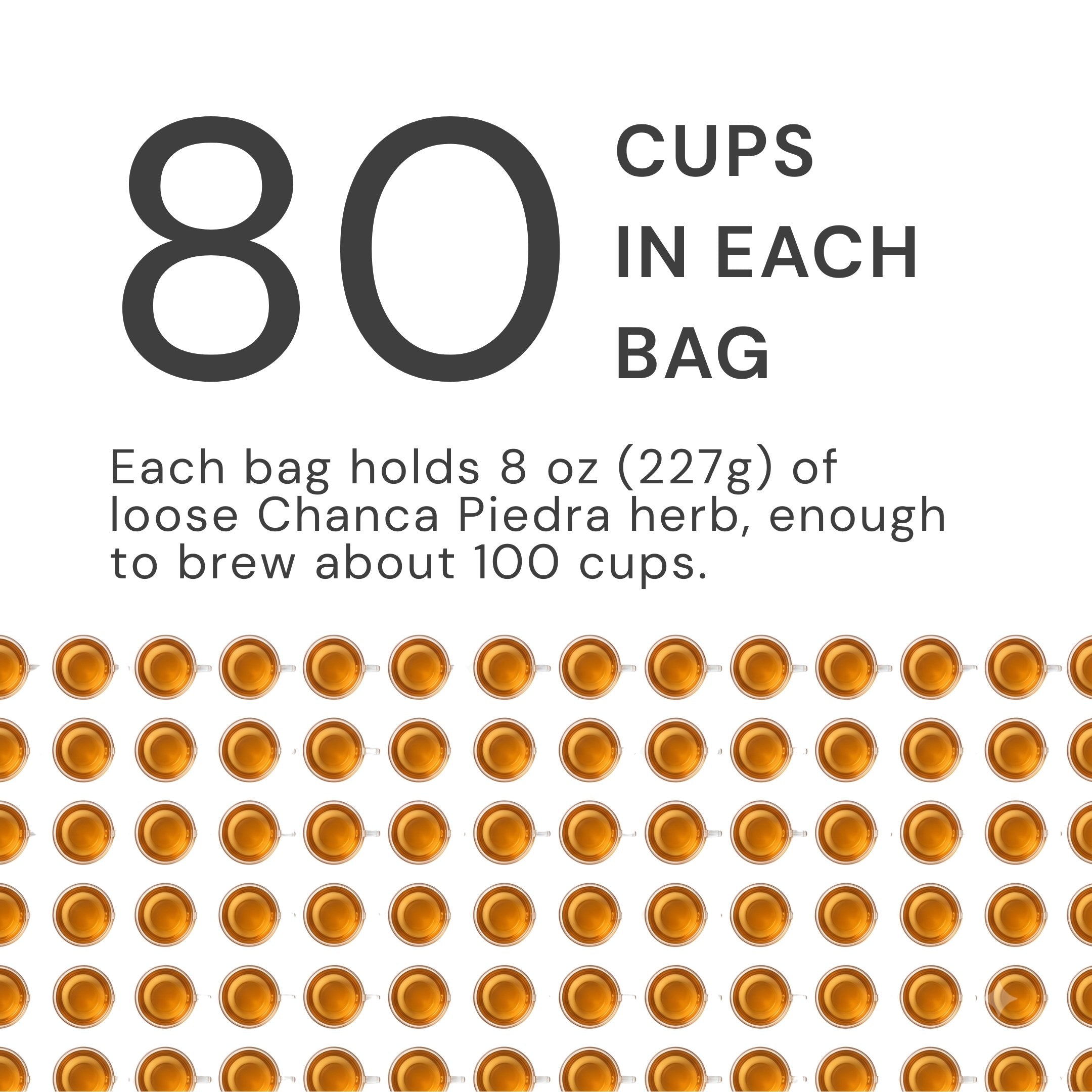 One 8 oz bag of Chanca Piedra tea brews about 80 cups