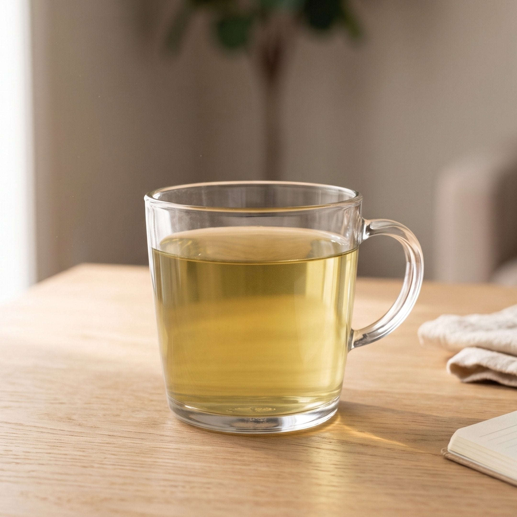Glass mug of brewed Chanca Piedra tea by a sunlit window