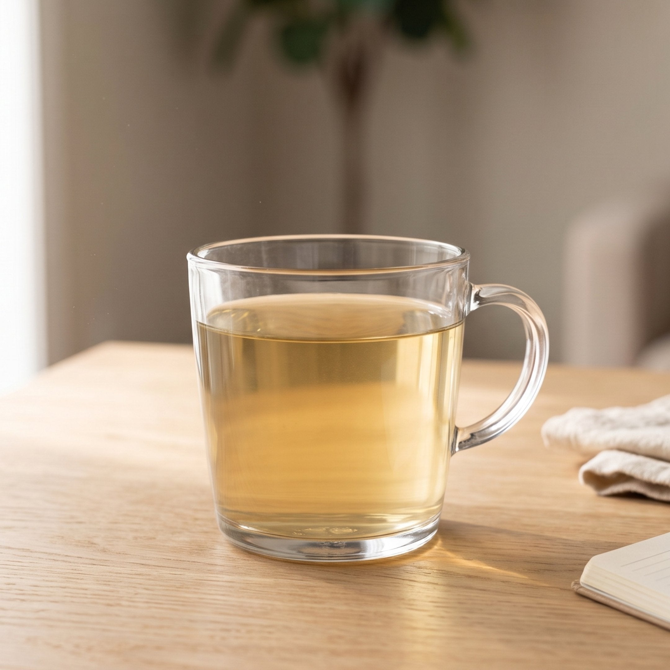 Glass mug of brewed Soursop tea by a sunlit window