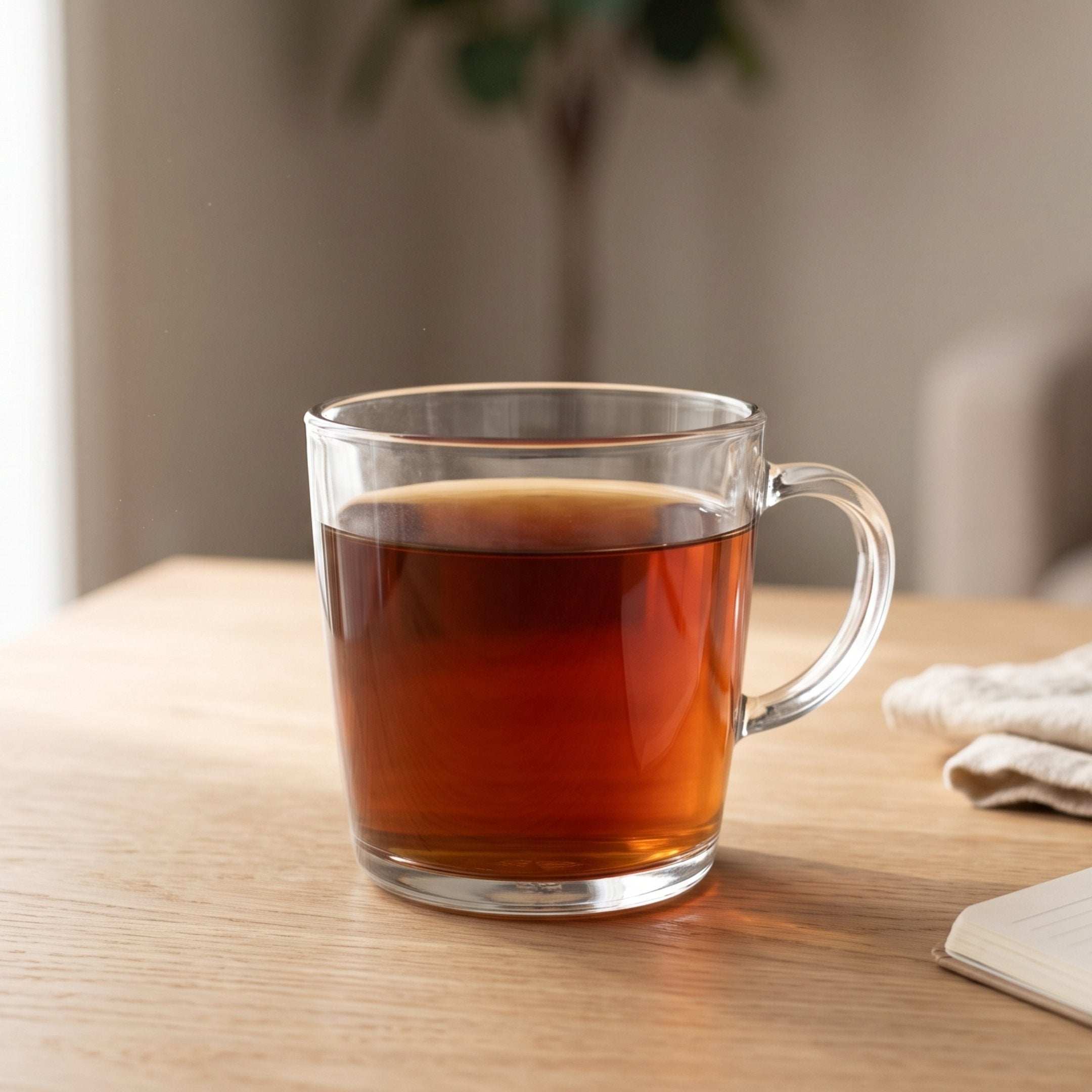 Glass mug of brewed Taheebo tea by a sunlit window